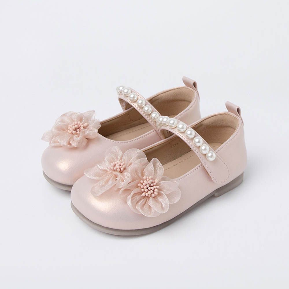 雅緻花朵網紗珍珠飾皮鞋-珠光粉杏