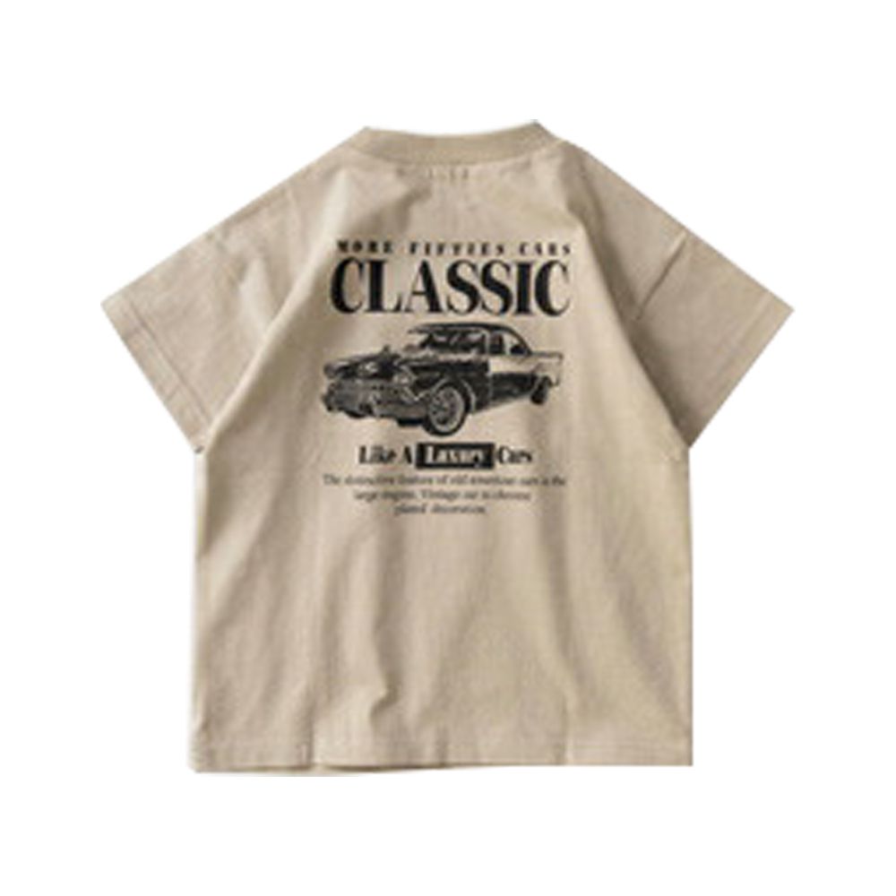 100%天竺棉定番印花短袖上衣-經典老爺車-卡其