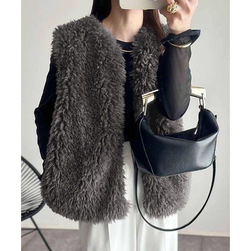 日本 GRL - 小香風時尚毛絨背心-炭灰 (F)