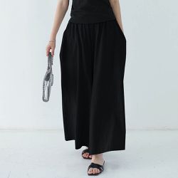 Yukié - 腰鬆緊百搭舒適寬褲-黑色