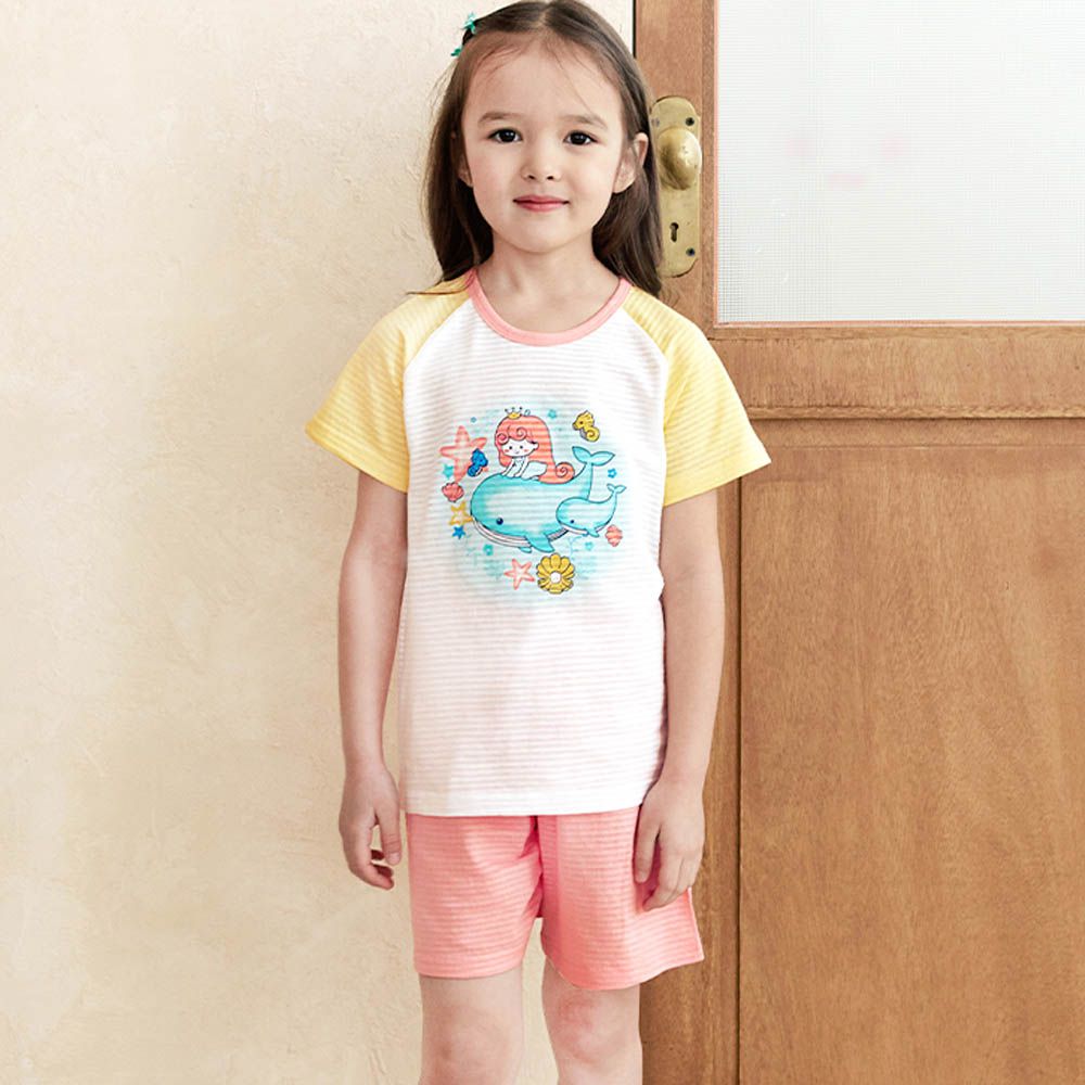 透氣條紋提花棉短袖家居服-公主X鯨魚-黃X粉橘