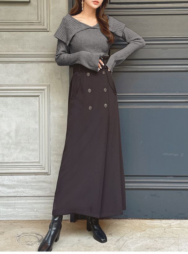 日本 GRL - 大翻領羅紋彈性薄針織上衣-奶茶 (F)