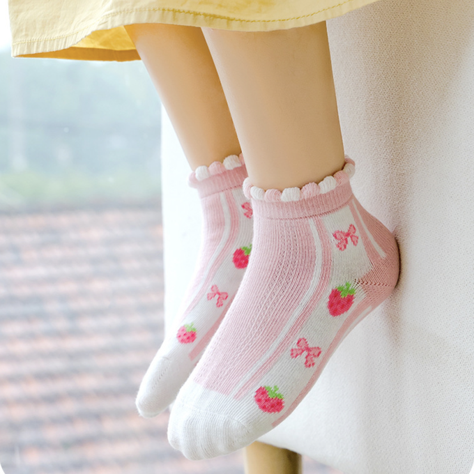 love, charlotte - 花邊可愛草莓粉色網眼短筒襪-5 雙一組