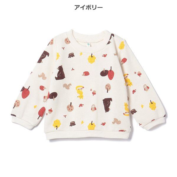 日本西松屋 - 裏毛圓領印花長袖上衣-小熊秋季-米杏