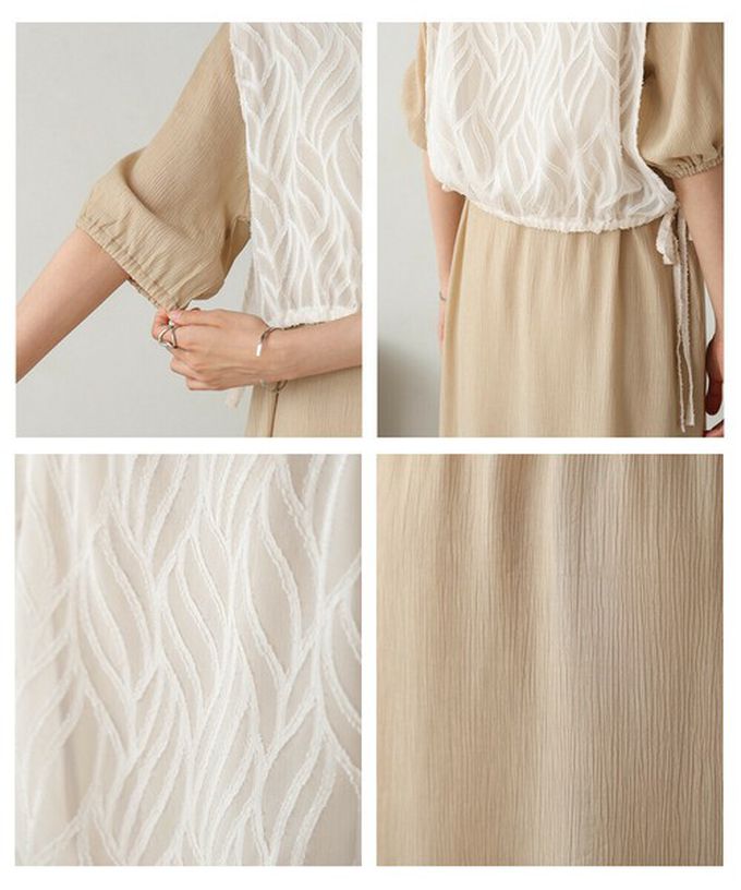 日本 Bab - 輕盈蕾絲緹花多層次短袖洋裝-卡其杏