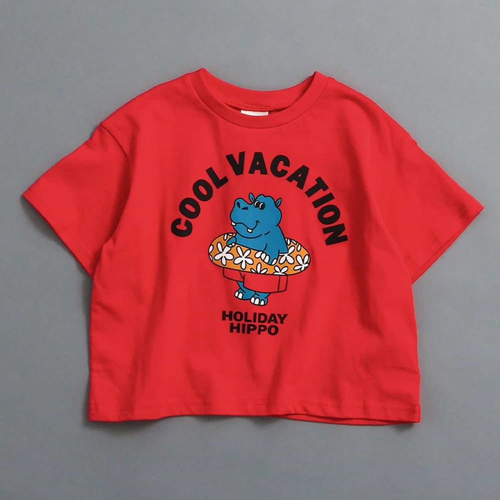 100%棉 美式印花短袖上衣-河馬游泳-紅
