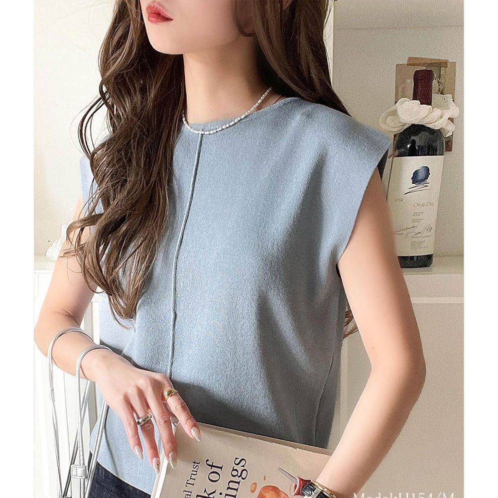 夏季清爽感法式袖針織上衣-藍