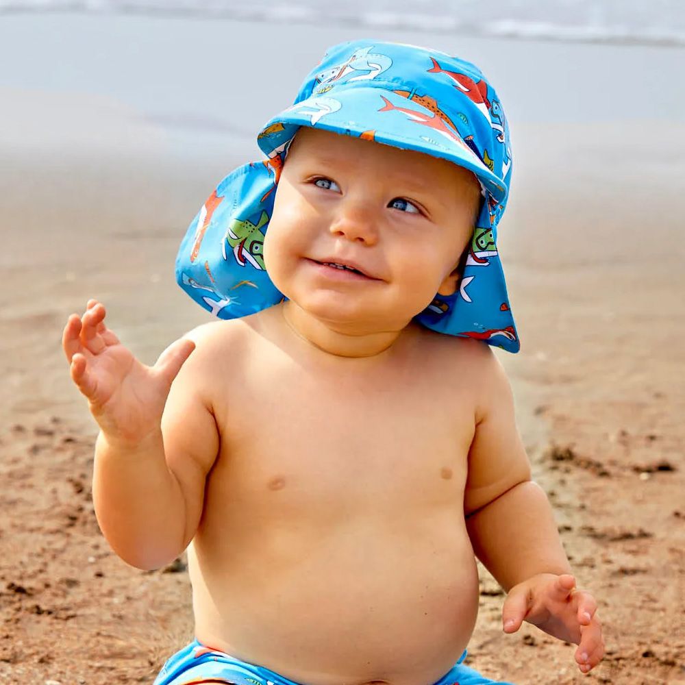 英國 JoJo Maman BeBe - 嬰幼兒/兒童泳裝戲水UPF50+防曬護頸遮陽帽-鯊魚世界