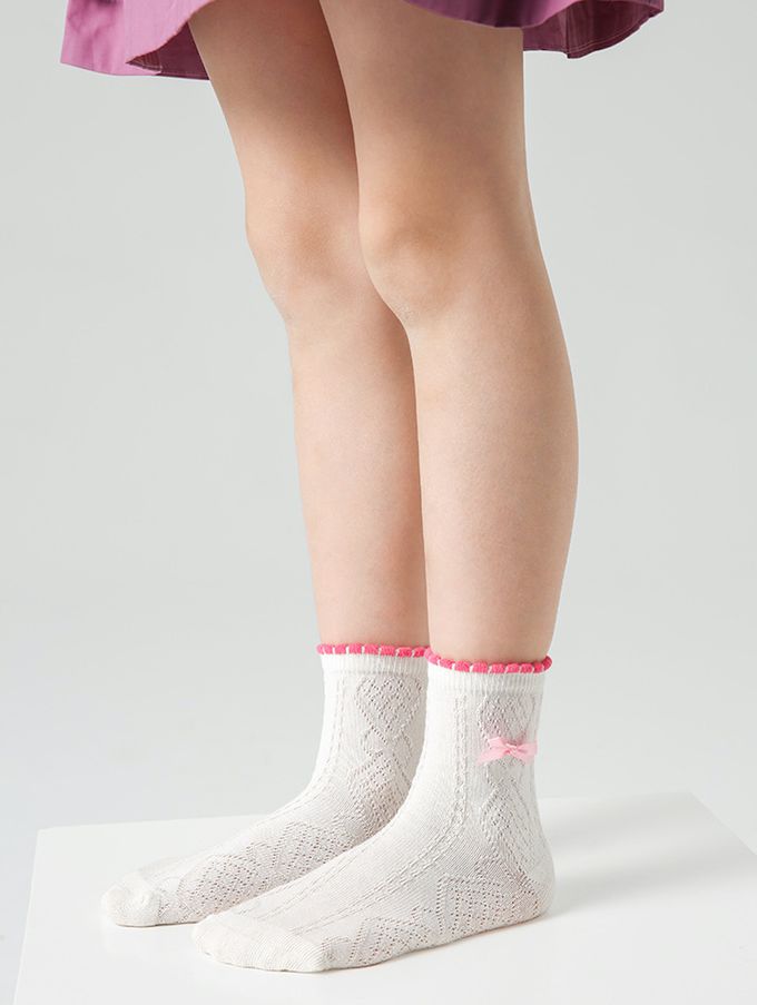 可愛粉紅兔蝴蝶結網眼短筒棉襪