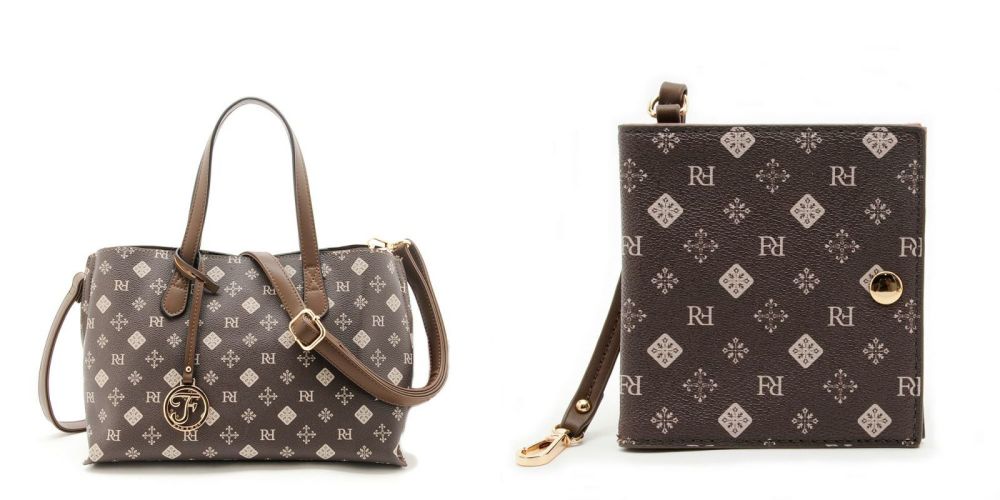 日本 FIRANO - [雜誌揭載]經典花紋仿皮兩用托特包3件組-附圍巾/口罩套-深褐 (21x33x12cm)