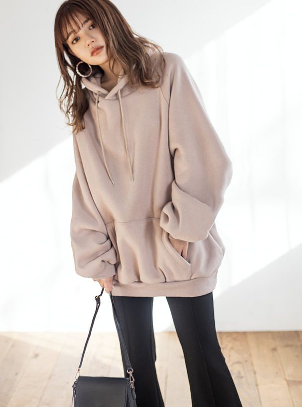 日本 GRL - 休閒舒適刷毛保暖帽T-灰米 (F)