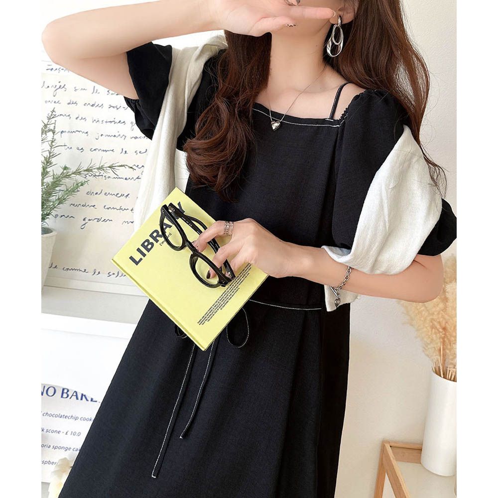 典雅2way露肩腰綁帶泡泡袖洋裝-黑