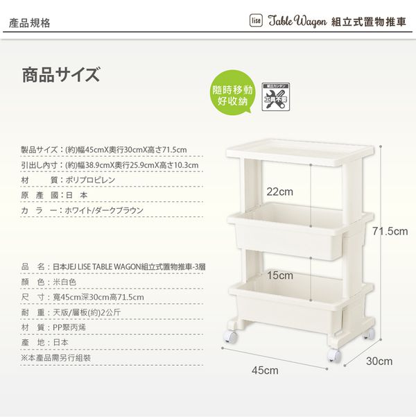 日本JEJ - LISE TABLE WAGON組立式檯面置物推車