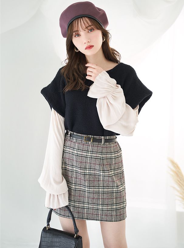 日本 GRL - 假兩件顯瘦背心拼接長袖上衣-黑