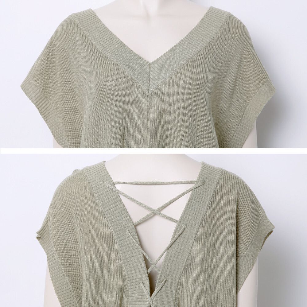 日本女裝代購 - 後綁帶V領落肩針織背心-橄欖綠