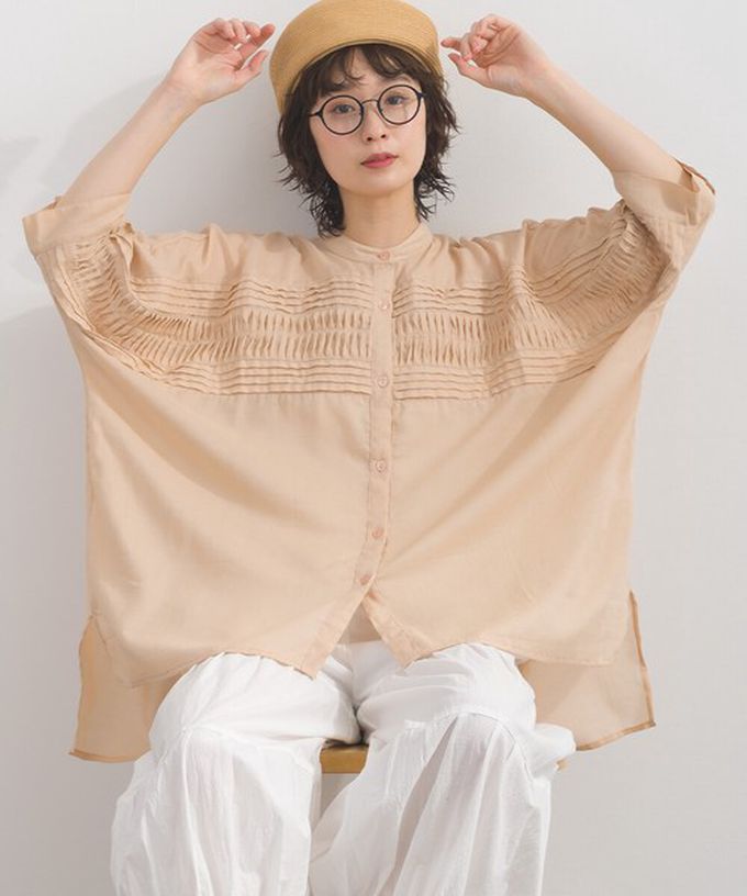 日本 Lupilien - 100%印度棉 柔美細摺輕盈五分袖襯衫-炭灰