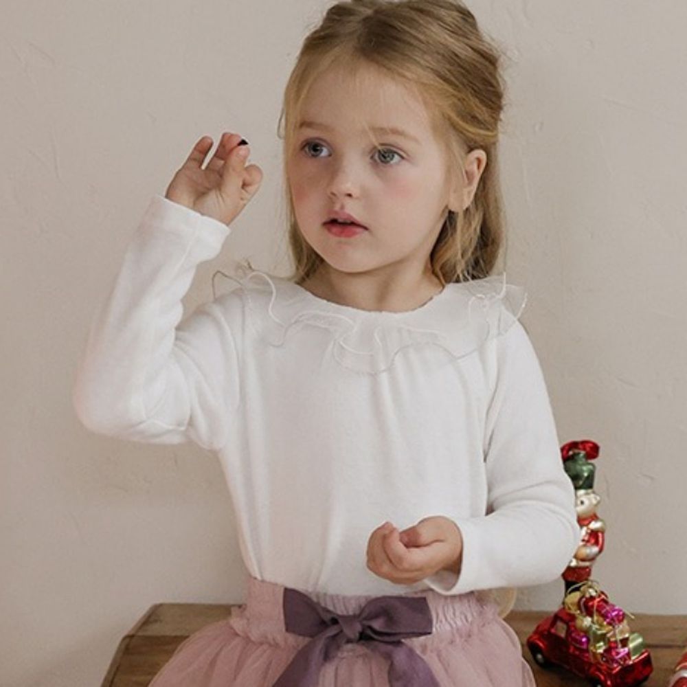 Puellaflo 雙層網紗荷葉領裝飾長袖上衣-白