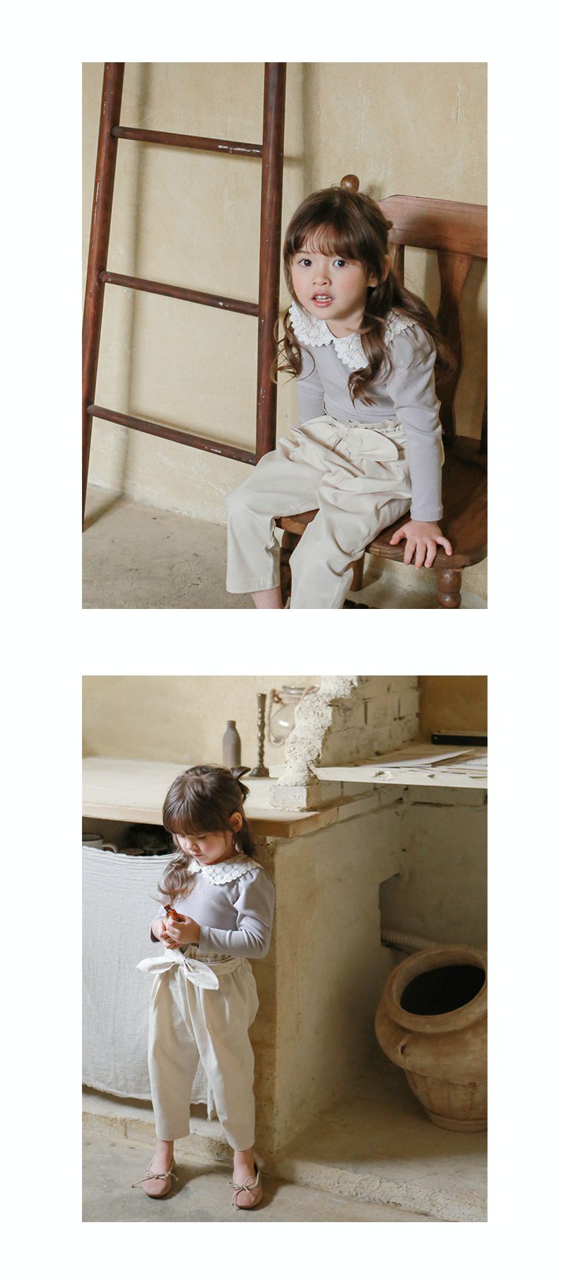 韓國 Puellaflo - 蕾絲雕花領公主袖上衣-灰