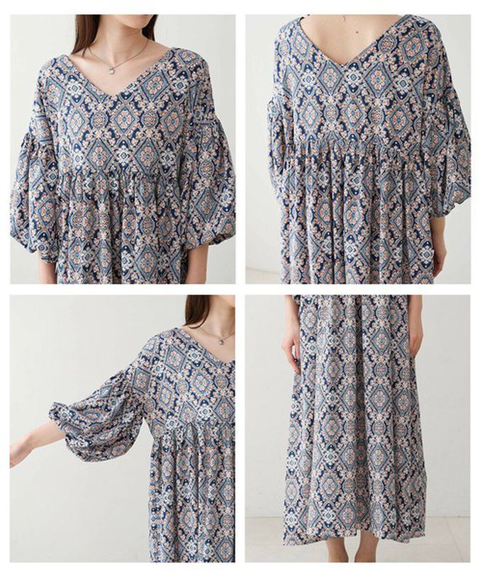 日本 Bab - 滿版歐風印花V領泡泡寬袖洋裝-深藍系