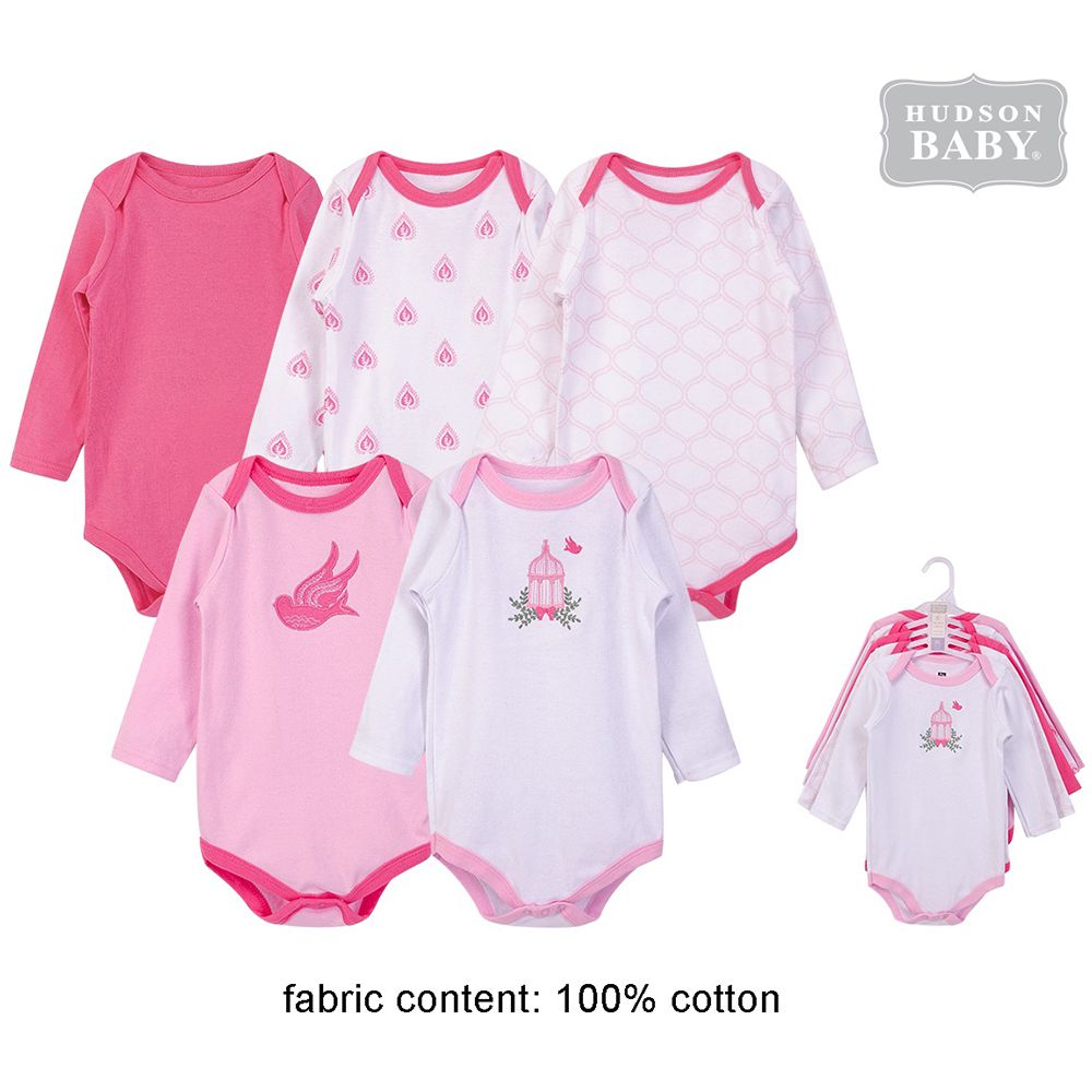 美國 Luvable Friends - 甜蜜寶貝嬰幼兒100%純棉長袖包屁衣5件組-粉鳥飛翔