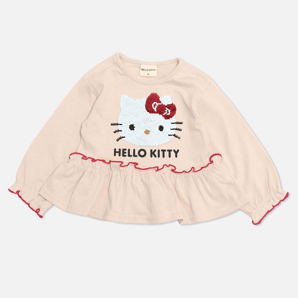 甜美荷葉限定聯名長袖上衣-卡通人物Hello kitty-米杏
