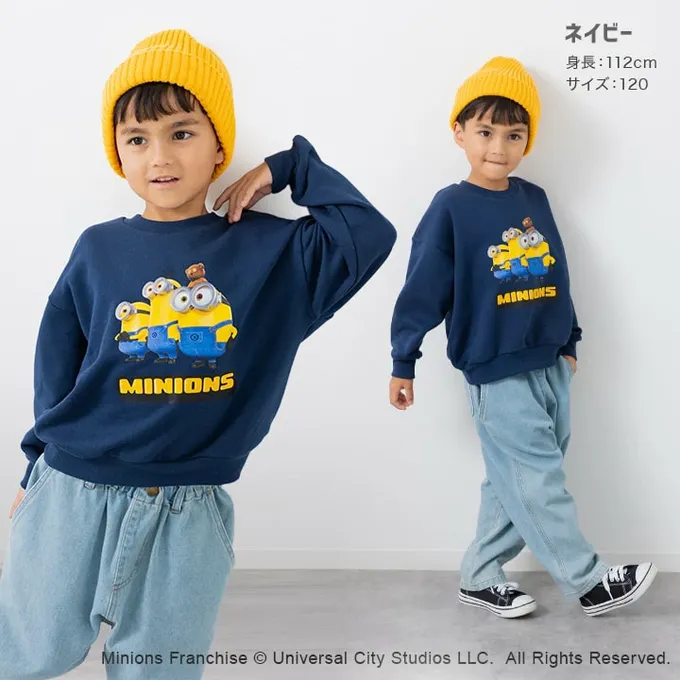 日本 Chil2 - 限量聯名 裏毛印花大學長袖上衣-卡通人物小小兵-三人組-燕麥