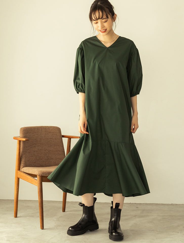 日本 fifth - V領五分袖魚尾長洋裝-摩卡