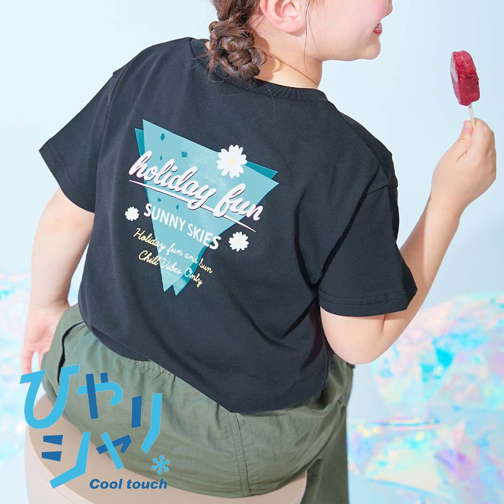 吸汗速乾涼感 女孩印花短袖上衣-倒三角-黑