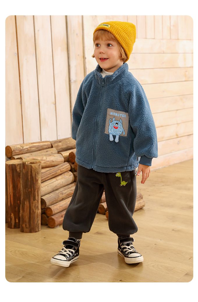 保暖立領羊羔絨外套-小怪物-深藍灰色