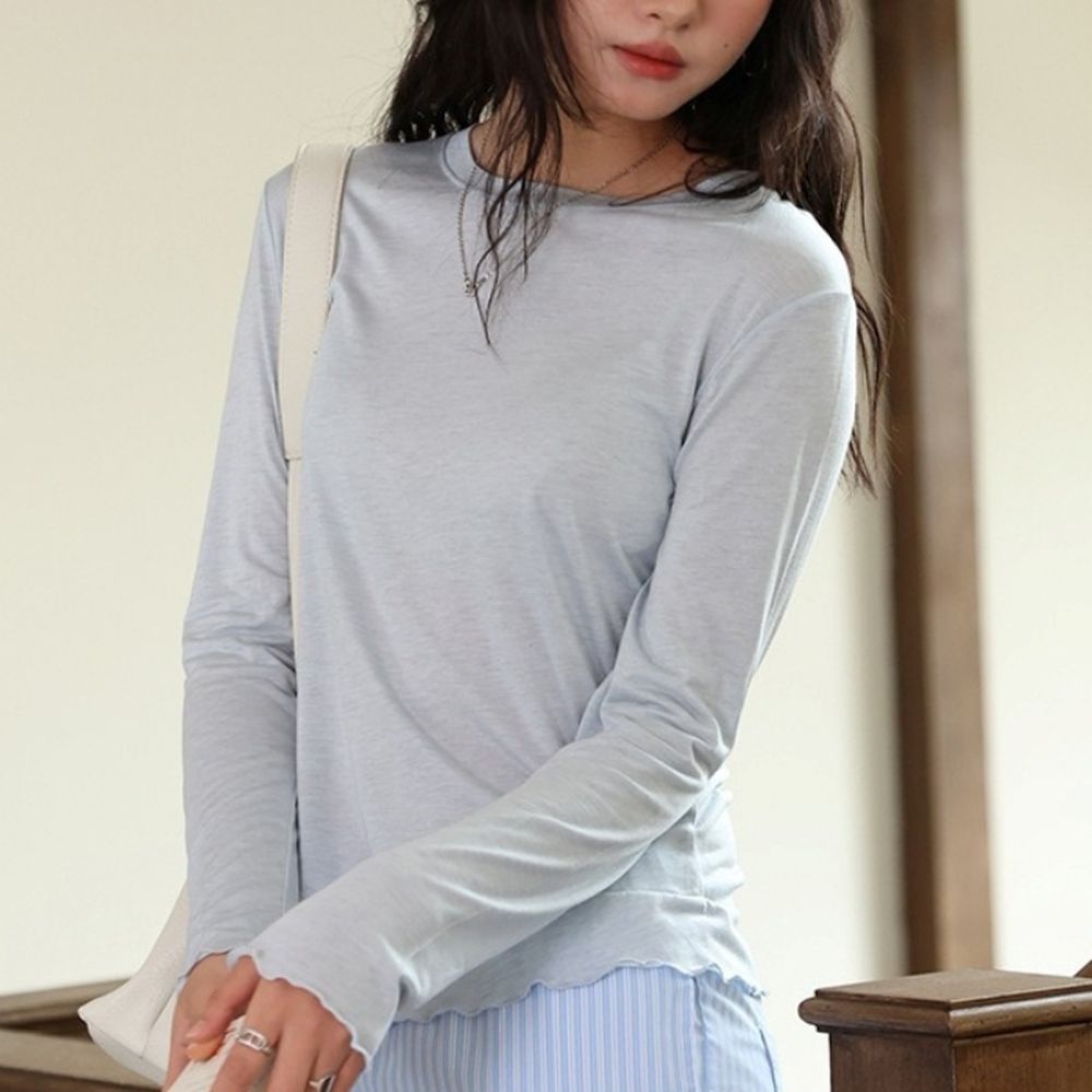 細緻綿柔3.2%羊毛天絲木耳邊長袖上衣-淡鹽藍