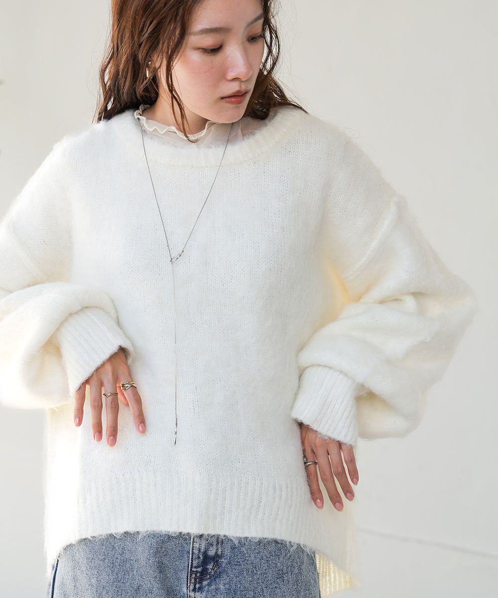 日本 Bab - 澎袖毛海溫柔廓形針織上衣-淺灰