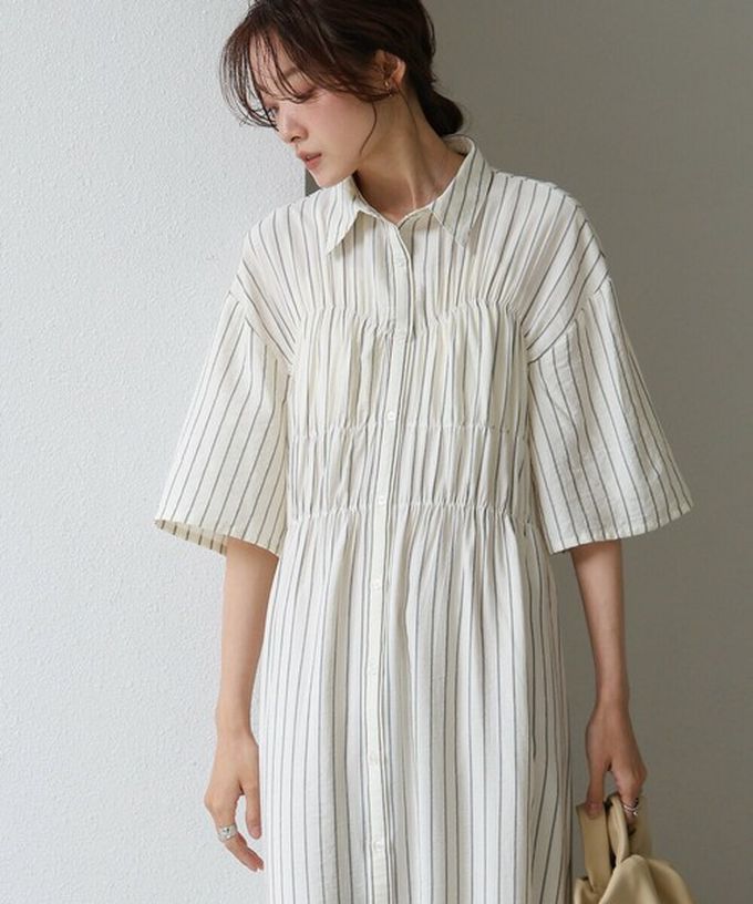 日本 Bab - 時尚抓皺襯衫式五分袖洋裝-條紋-粉紅