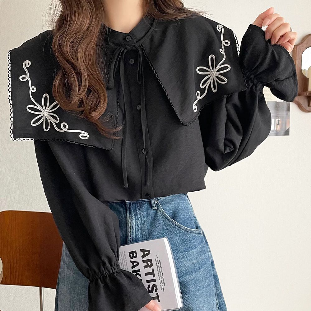 蕾絲刺繡精緻大方領長袖上衣-黑