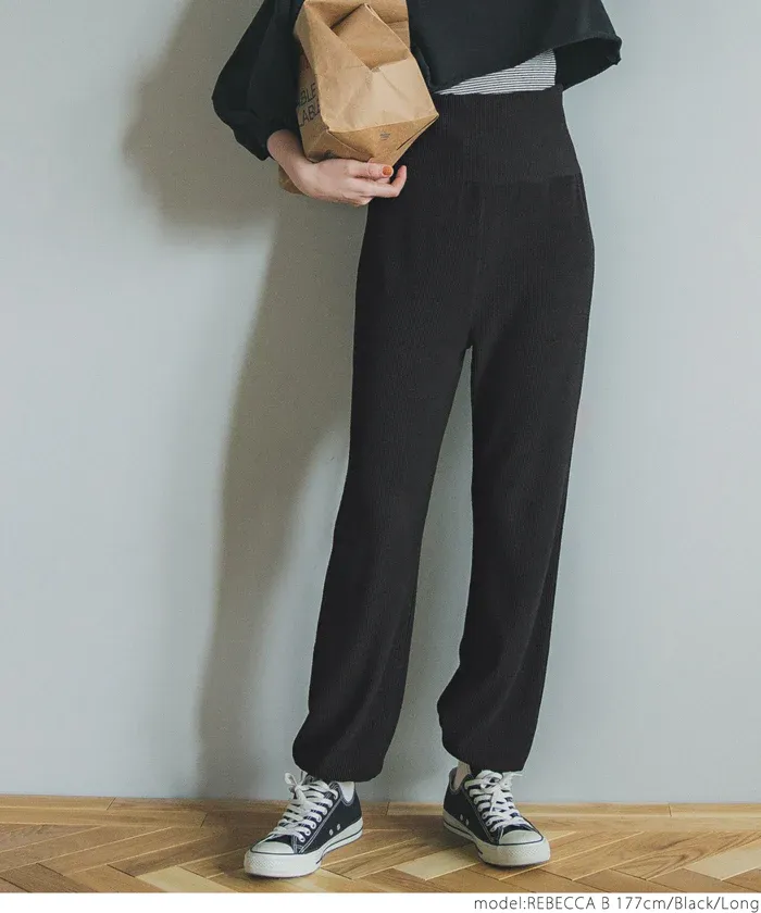 日本 COCA - 棉混舒適羅紋長褲-黑