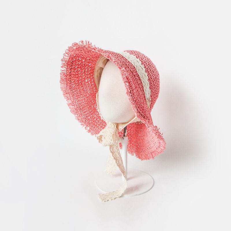 韓國 Babyblee - 鬚邊蕾絲大草帽-玫瑰粉 (頭圍：51-53cm)