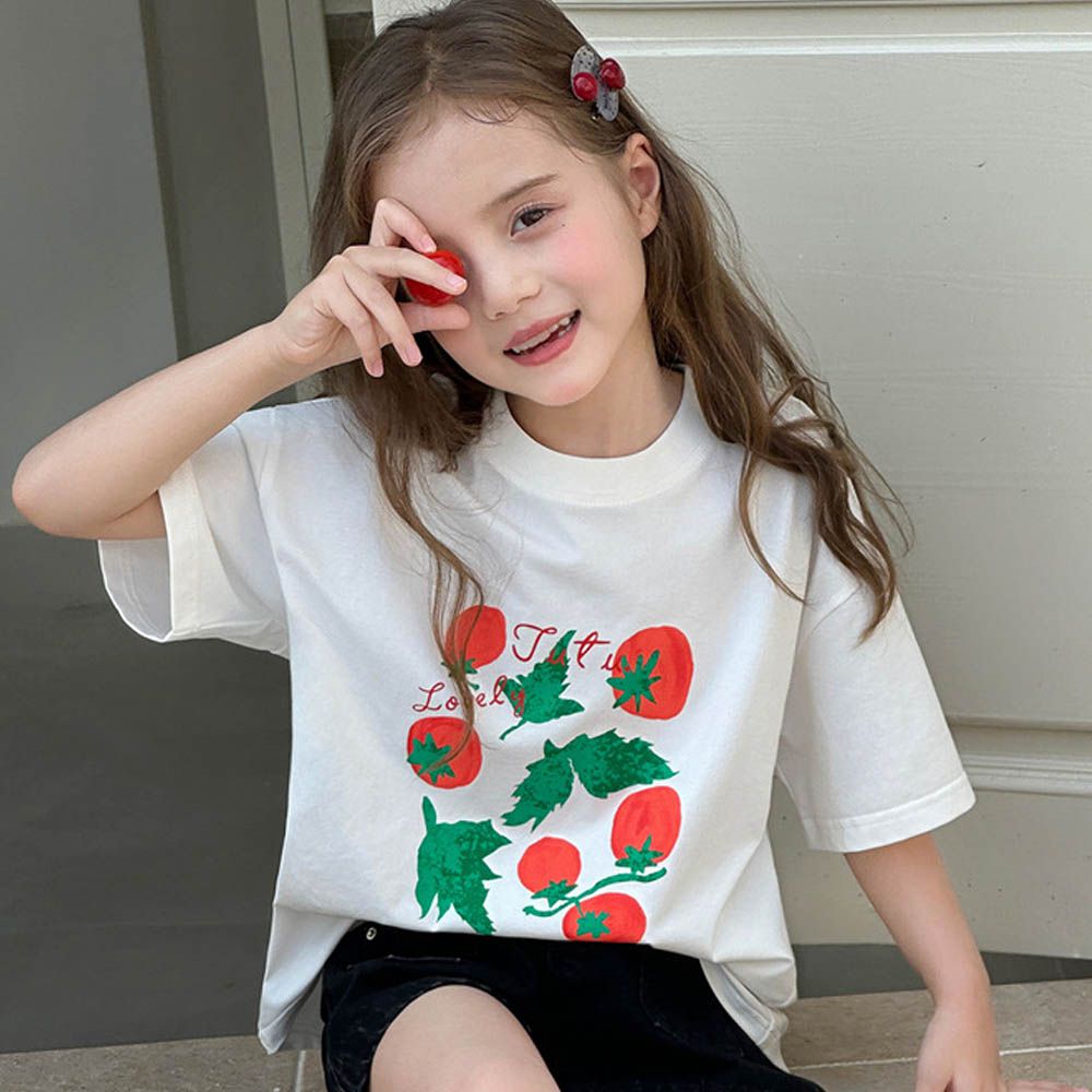 涼感圓領落肩短袖上衣/T恤-小番茄-白色