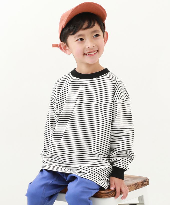 日本 devirock - 100%棉 百搭條紋長袖上衣-白色圓領