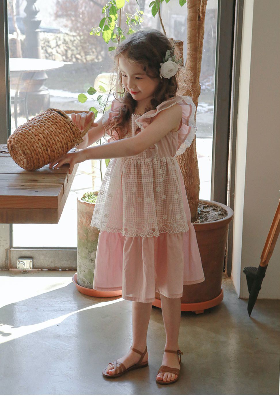 韓國 PuellaFLO - 假兩件格子花朵圍裙洋裝-粉紅