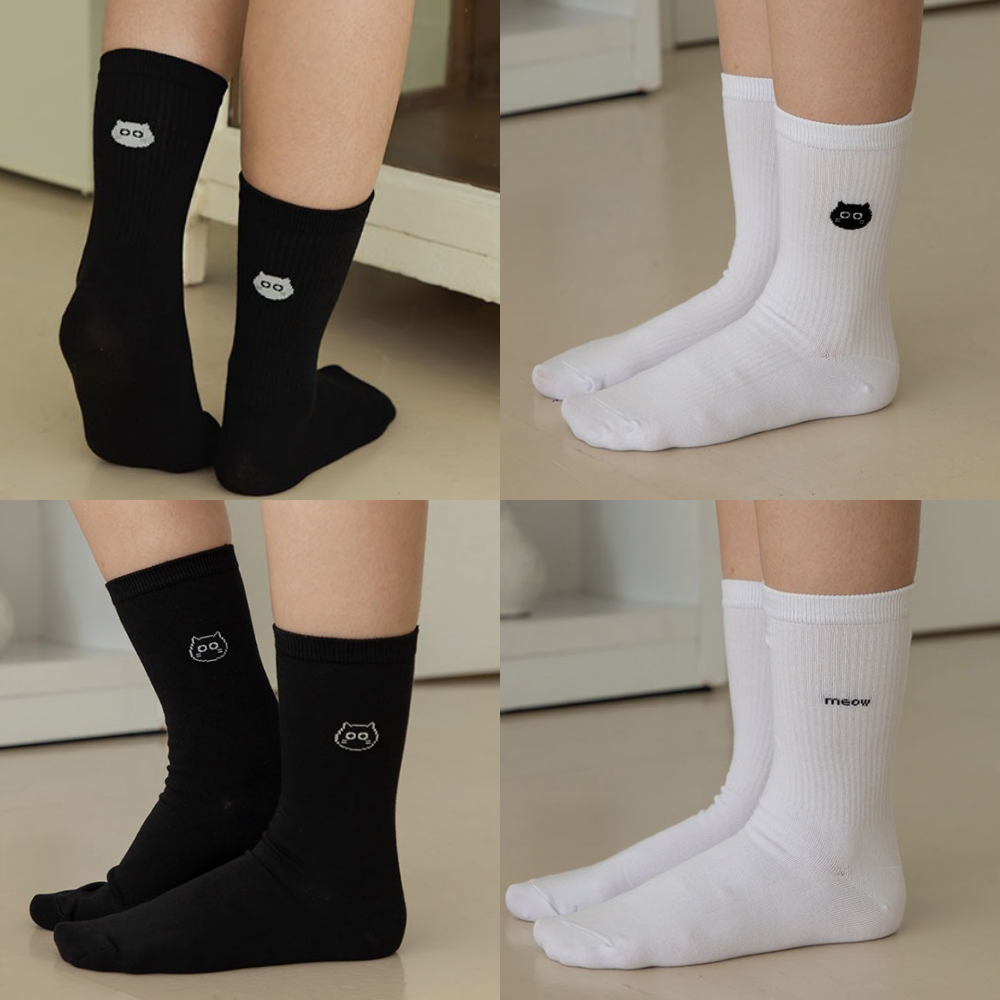 女用襪子/中長筒襪4入組-黑白貓咪 (220~250mm)