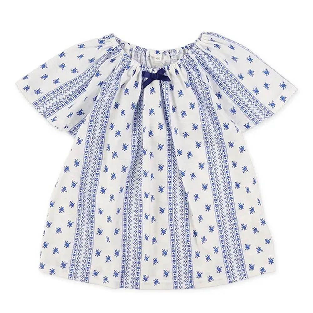 彈性領口女孩印花短袖上衣-歐風圖騰-白x藍
