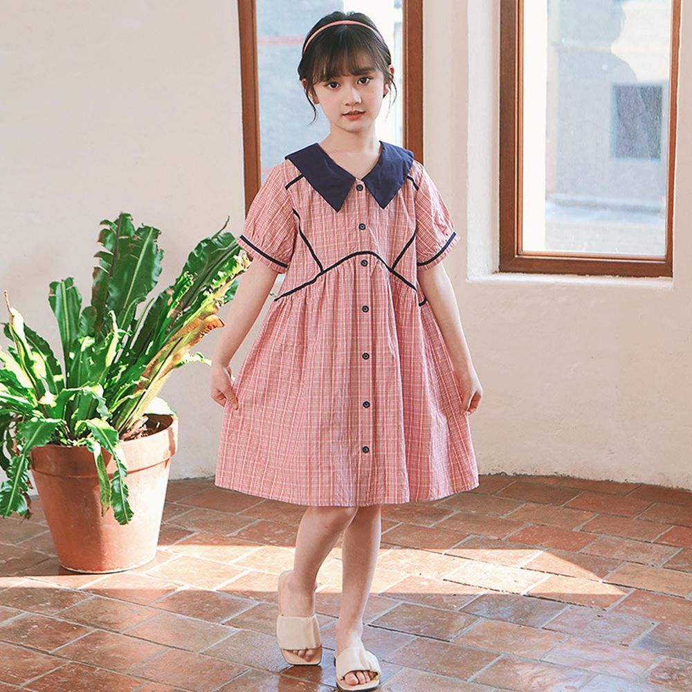 純棉娃娃領短袖洋裝-格紋款-粉色
