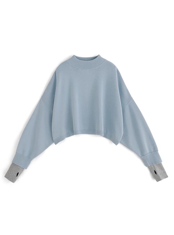 日本 GRL - 假兩件針織短版長袖上衣(附指穴)-寶貝藍x淺灰 (F)