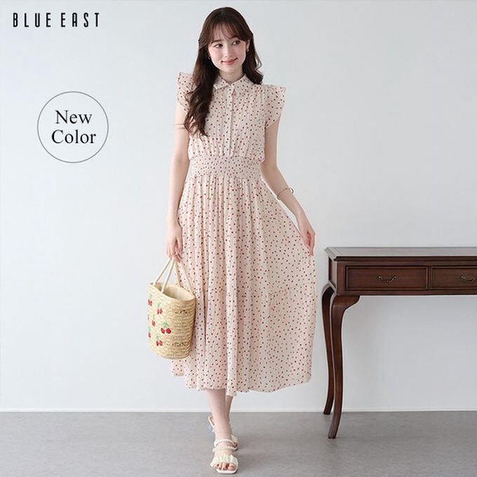 日本 BLUE EAST - 甜美雪紡束腰小荷葉無袖洋裝-碎花-米杏 (M)