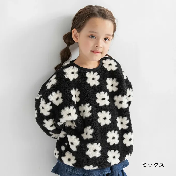 日本 BRANSHES - 泰迪熊雙面毛絨可愛長袖上衣-黑白小花