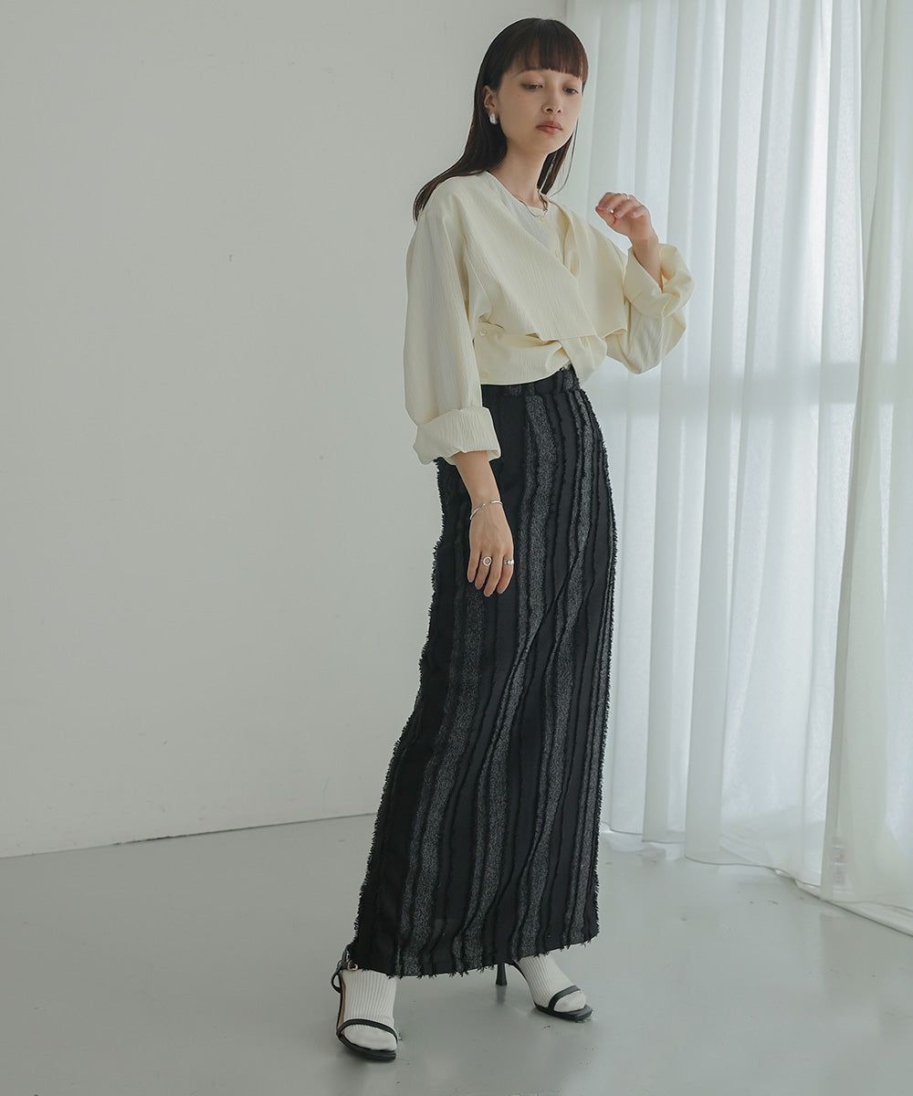 日本 Bab - 毛絨感直條顯瘦開叉長裙-黑