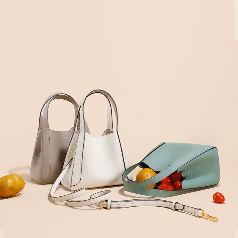 真皮斜跨小水桶包-附斜背帶-米白色 (21x12.5x18cm)