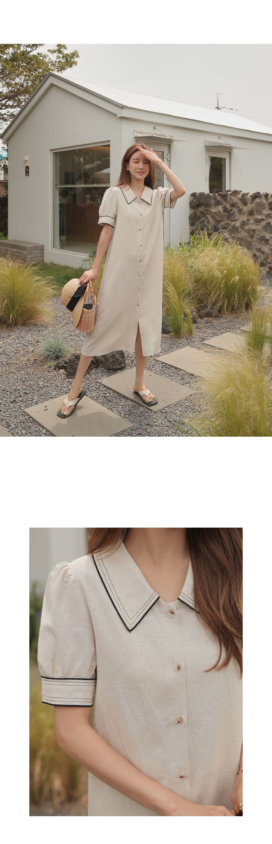 韓國 Urbantheroom - 婉約翻領棉麻連身洋裝-深藍黑 (Free)