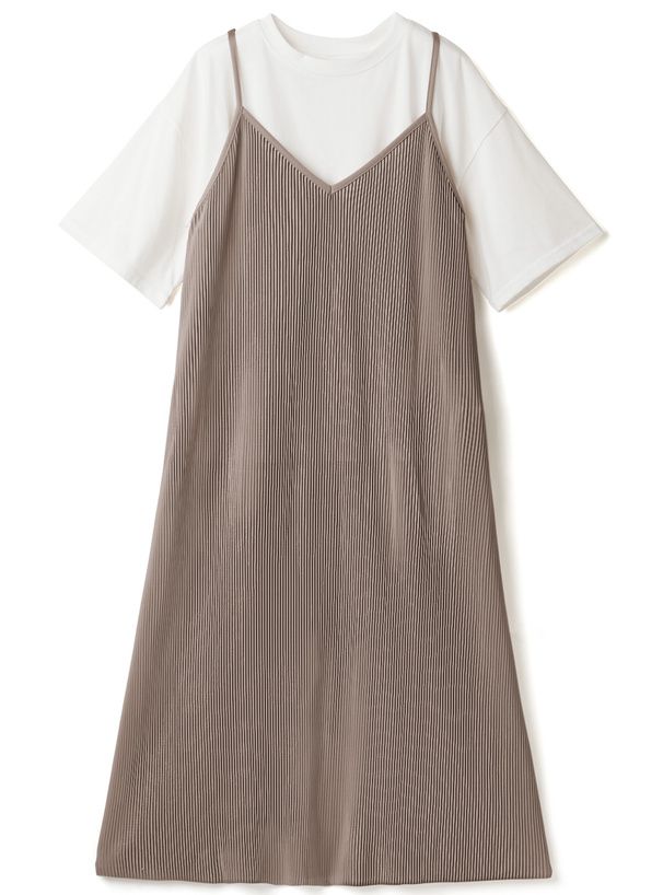 日本 GRL - 短袖上衣x楊柳細摺吊帶裙2件組-淺可可 (F)