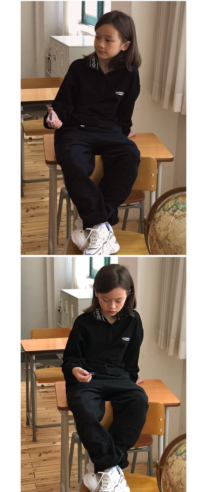 韓國 INDIVIDUEL - 品牌標誌立領拉鍊長袖上衣-黑