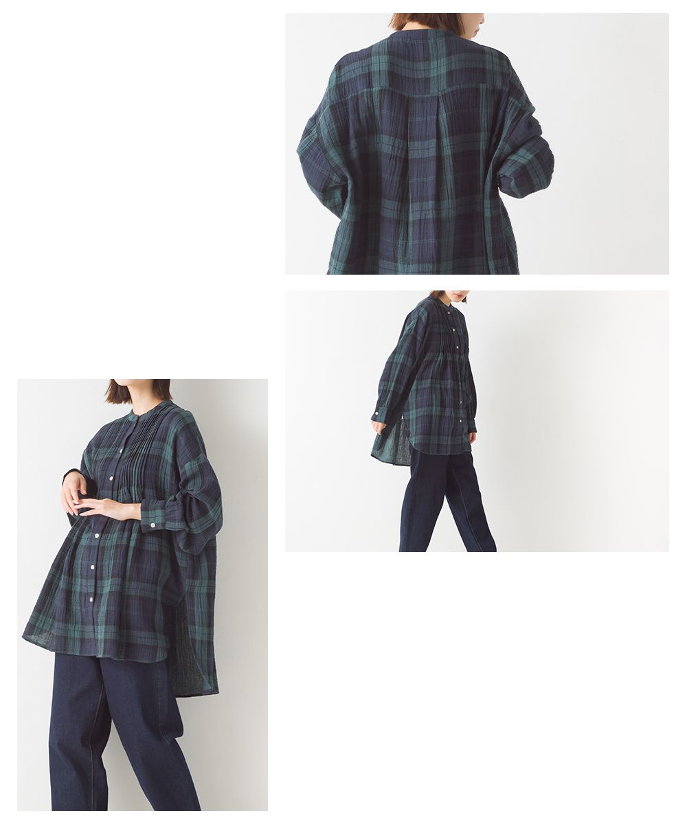 日本 OMNES - 質感二重紗風琴褶長袖上衣-綠格紋